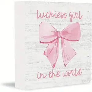 Preppy Girl Pink Bow Wooden Box Sign, Coquette Trendy Luckiest Girl In The World Decor, Girly Ribbon Bow for Girls Room Dorm College Apartment Bedroom Wall Desk Shelf Tabletop Decoration 5x5 inch