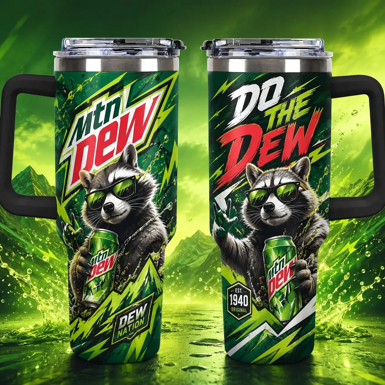 Mountain Dew Tumbler Raccoon Graphic Green Handle Mug Do The Dew Insulated Cup