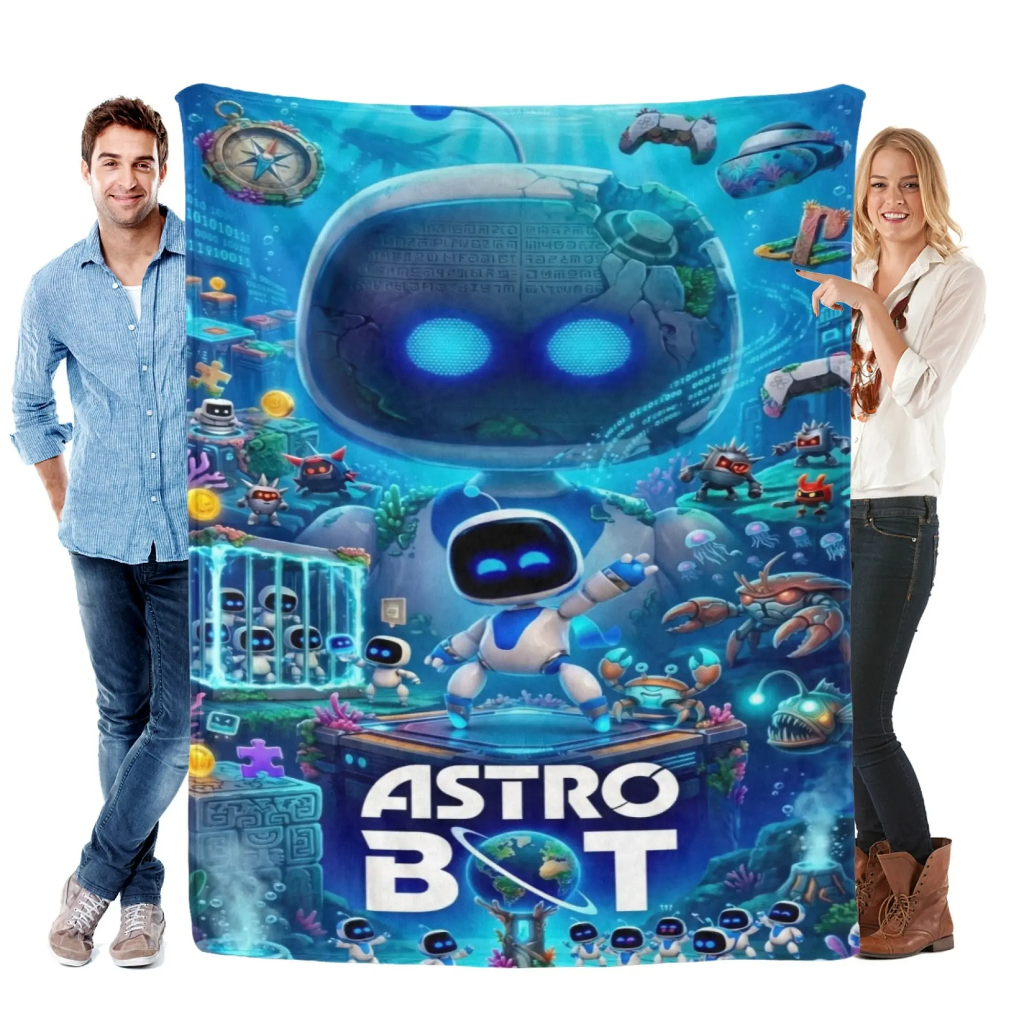 Astro Bot Underwater Ocean Adventure Flannel Throw Blanket - Cute Robot Game Full Scene Print, Ultra Soft All-Season Multipurpose Bedding for Home/Sofa, Camping/Travel, Blue Ocean Sci-Fi Game Room Decor, Ideal Birthday Christmas Collectible Gift