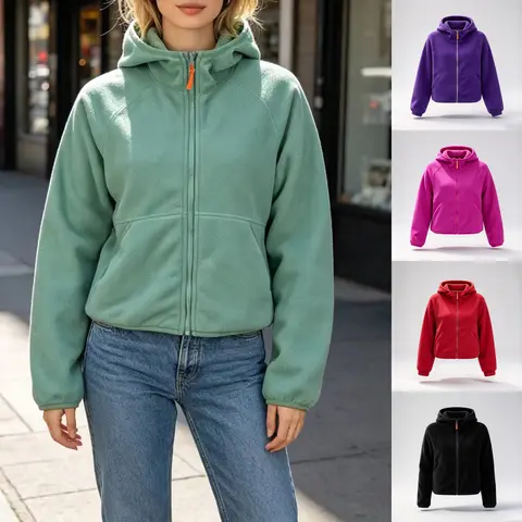 Women's Hooded Fleece Jacket - Zip-Up, Warm, Lightweight, Casual, Comfortable Outdoor Coat with Pockets - Fall Winter Athleisure Fashion Streetwear Tops for Women - Sage Green, Purple, Red, Black - XS-XL