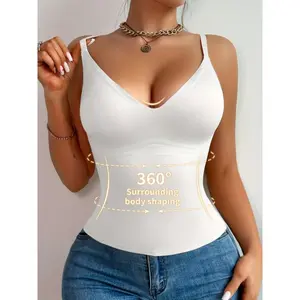 Women'S V-Neck Camisole Top with Tummy Control, Slimming Waist Cincher, No Padding, Knit Fabric, Polyamide 85.5% Elastane 14.5%, Casual Solid Color Backless Cami for Layering Minimalist Short Basic Comfort Womenswear Shapewear Compression