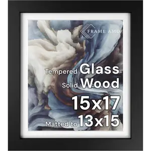 Frame Amo 15x17 Black Solid Wood Poster Frame, White Mat for 13x15 Image, Tempered Glass Front, 1.5 inch Wide, 1 inch Thick, High-End, Heavy-Duty, Gallery Grade & Acid-Free