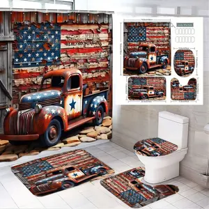 1/4pcs American Flag Patriotic Bathroom Set 4 Piece - Rustic Red Truck Wooden Plank Shower Curtain + Toilet Mat + Bath Mat + Small Mat - Weathered US Flag Design for Home Decor, US National Day Memorial Day Independence Day Decor