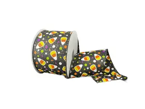 Black Glitter Satin Candy Corn & Dots Ribbon – 2.5" x 10 Yards, Wired