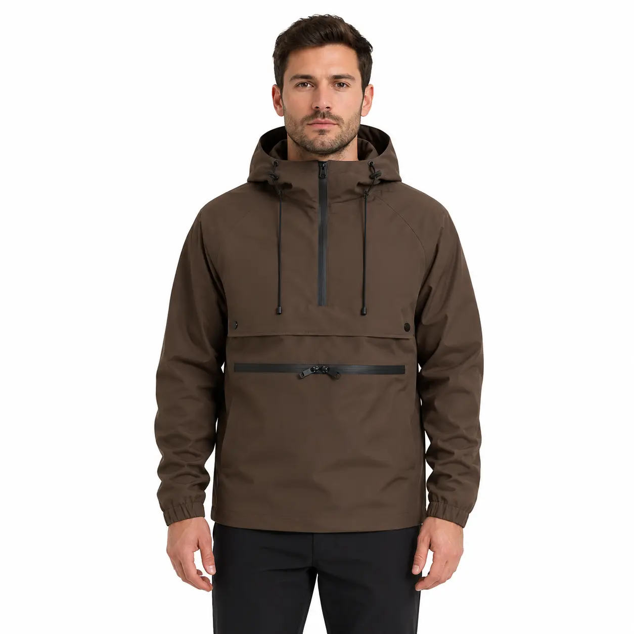 Men’s Solid Black Hooded Pullover Jacket, Quarter-Zip Anorak with Drawstring Hood and Front Pocket for Travel and Daily Wear