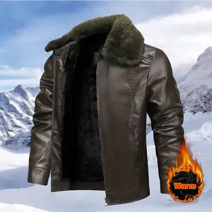 Winter Men's Fleece-Lined Leather Jacket, Flexible Cuff Design with Elastic Sleeves, Removable Fur Collar, Perfect for Casual Outings