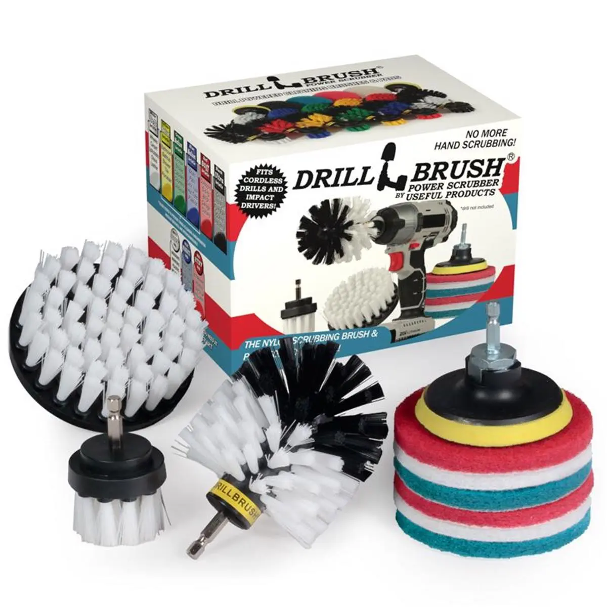 10 Pc 4 in. Nylon Soft & Medium Bristle Metal Handle Drill Brush Set, Multi-Color, with 1/4'' Quick-Change Adapter, for Cordless Drill Users, Household Cleaning Brush