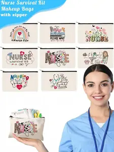 Nurse Theme Canvas Bag Pouch with Zipper, Cartoon Pattern Print, Portable Toiletry Bag for Travel, Makeup Organizer, Cosmetic Bag