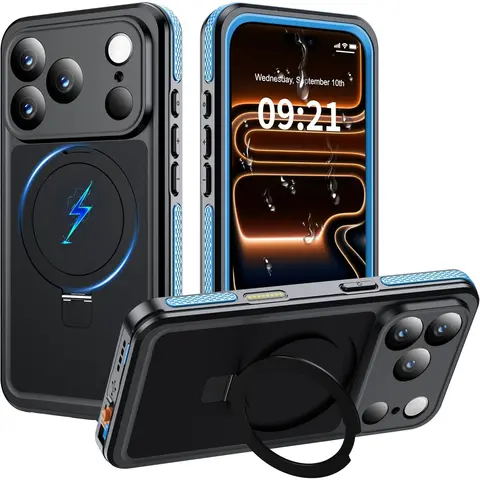 Magnetic Smartphone Case for iPhone 17 Pro - 6.3in IP68 Waterproof Full Body Casing with Built-in Screen Protector, MagSafe Compatibility, Invisible Stand, Shockproof Protection, Washable Phone Accessories for Beach Use, Black