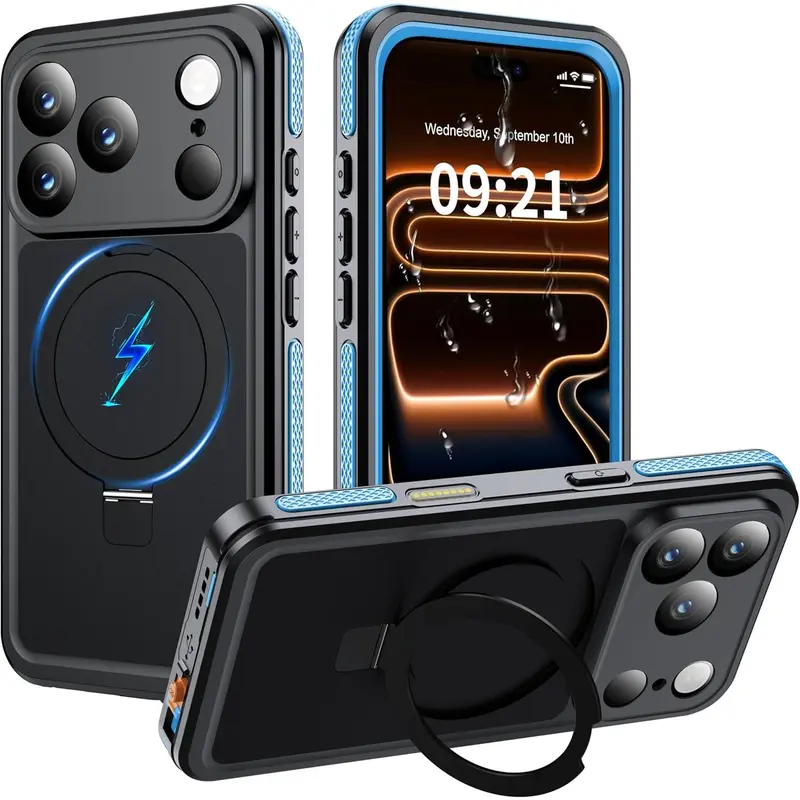 Magnetic Smartphone Case for iPhone 17 Pro - 6.3in IP68 Waterproof Full Body Casing with Built-in Screen Protector, MagSafe Compatibility, Invisible Stand, Shockproof Protection, Washable Phone Accessories for Beach Use, Black