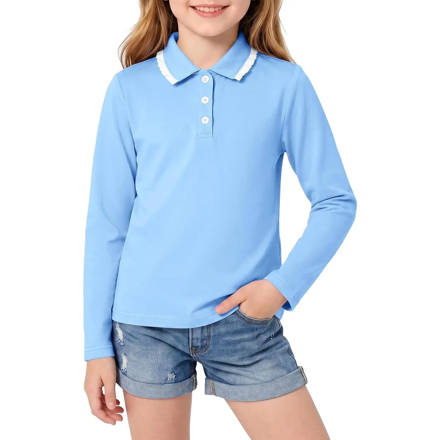 Haloumoning Girls' Long Sleeve Casual Polo Shirt, 5-14Y School Uniform Top with Classic Cut, White Contrast Trim Collar, 3-Button Placket, Side Slit, Breathable Soft Fabric for Fall