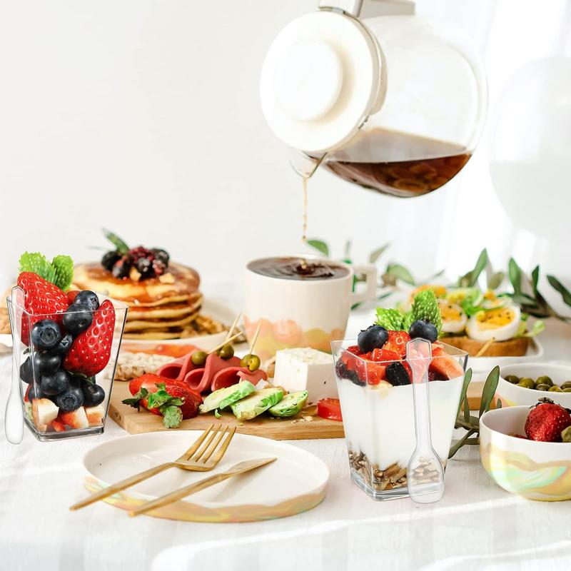 5oz Crystal Plastic Dessert Cups with Lids & Spoons - Disposable Square Parfait Cups for Mousse, Tiramisu, Pudding, Party & Catering