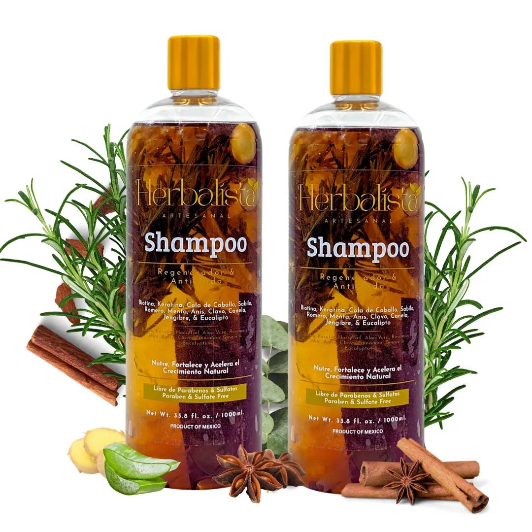 [2 Bottles] Herbalista Viral New Herbal Shampoo 1000ml (33 fl oz) Each Disc Top- With Real Pieces of Rosemary, Cinnamon, Anise, Clove, Aloe, Ginger, & Eucalyptus - Fortalece, Regenera, Acelera Crecimiento – 100% Natural & Handcrafted