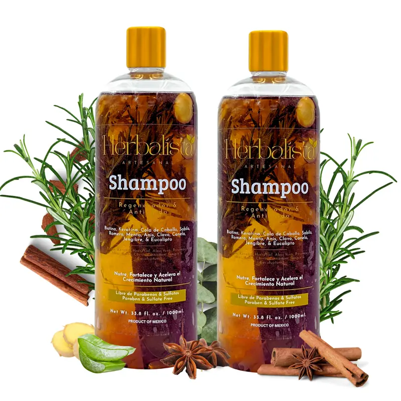 [2 Bottles] Herbalista Viral New Herbal Shampoo 1000ml (33 fl oz) Each Disc Top- With Real Pieces of Rosemary, Cinnamon, Anise, Clove, Aloe, Ginger, & Eucalyptus - Fortalece, Regenera, Acelera Crecimiento – 100% Natural & Handcrafted