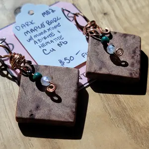 Dark Side Maple Burl with Moonstone, Azurite, & Hematite Earrings