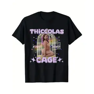 Unique Black Men's T-Shirt Thiccolas Cage Stupid Meme T-Shirt Sweatshirt Plus Size Fitted Short Sleeve Crew Neck Summer Medium Length
