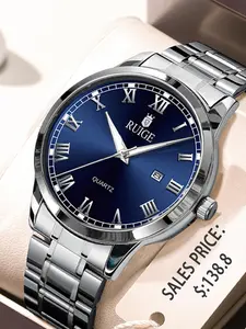 Men's Business Fashion Round Dial Analog Quartz Watch, Stainless Steel Luminous Waterproof Quartz Watch, Classic Fashion Watch with Calendar, Trendy All-match & Exquisite Watch for Birthday Gift with Box, Stainless Steel Wristwatch