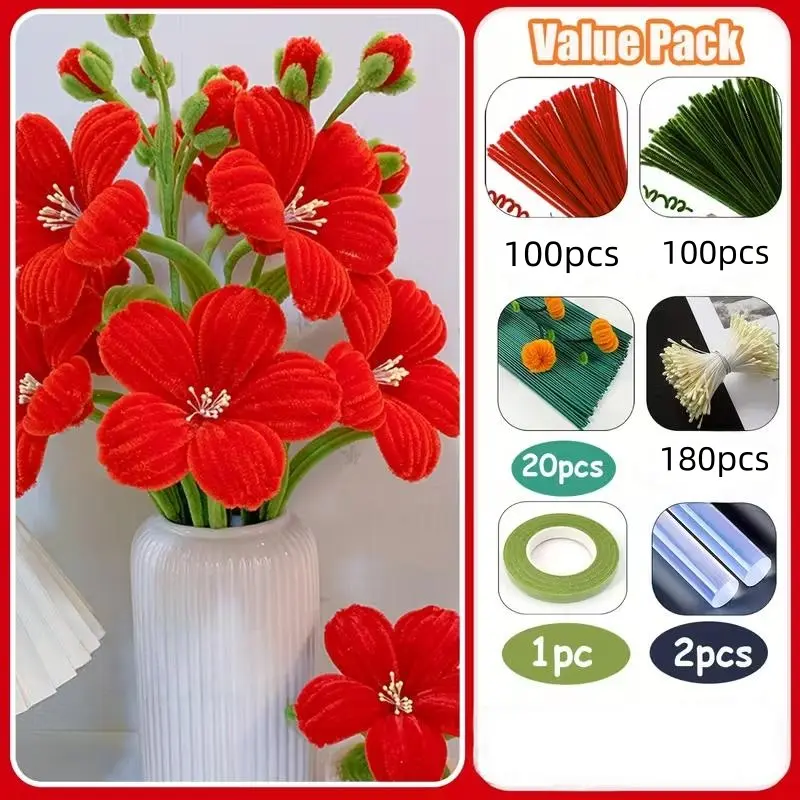 403-Piece Twisty Flower Bouquet Kit, Includes 200 Pipe Cleaners, 180 Petals, 20 Stems, Tape, DIY Craft Set for Parties, Halloween, Thanksgiving, Christmas