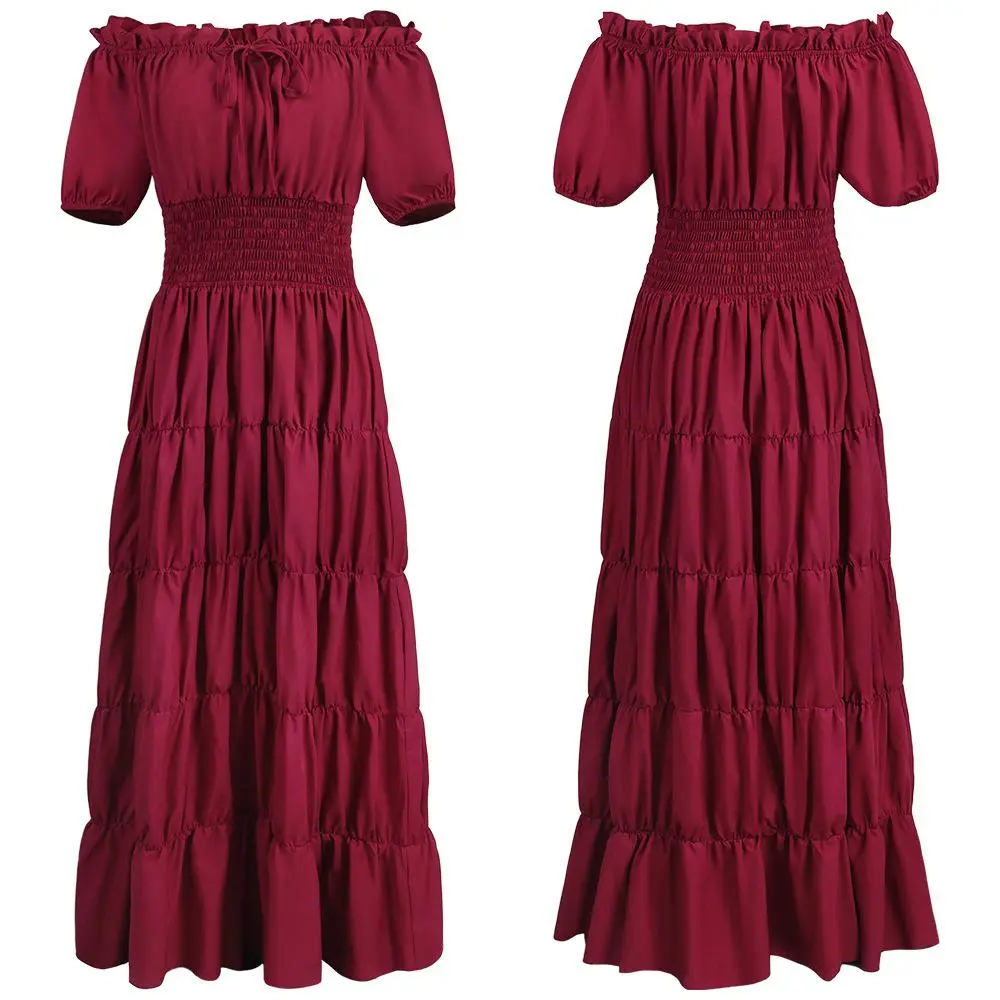 Renaissance Costume Women Medieval Irish Under Dress Retro Gown Wench Peasant Smocked Waist Long Dresses Halloween Costumes Girls Party Outfit Gothic Dress Shortsleeve Minimalist