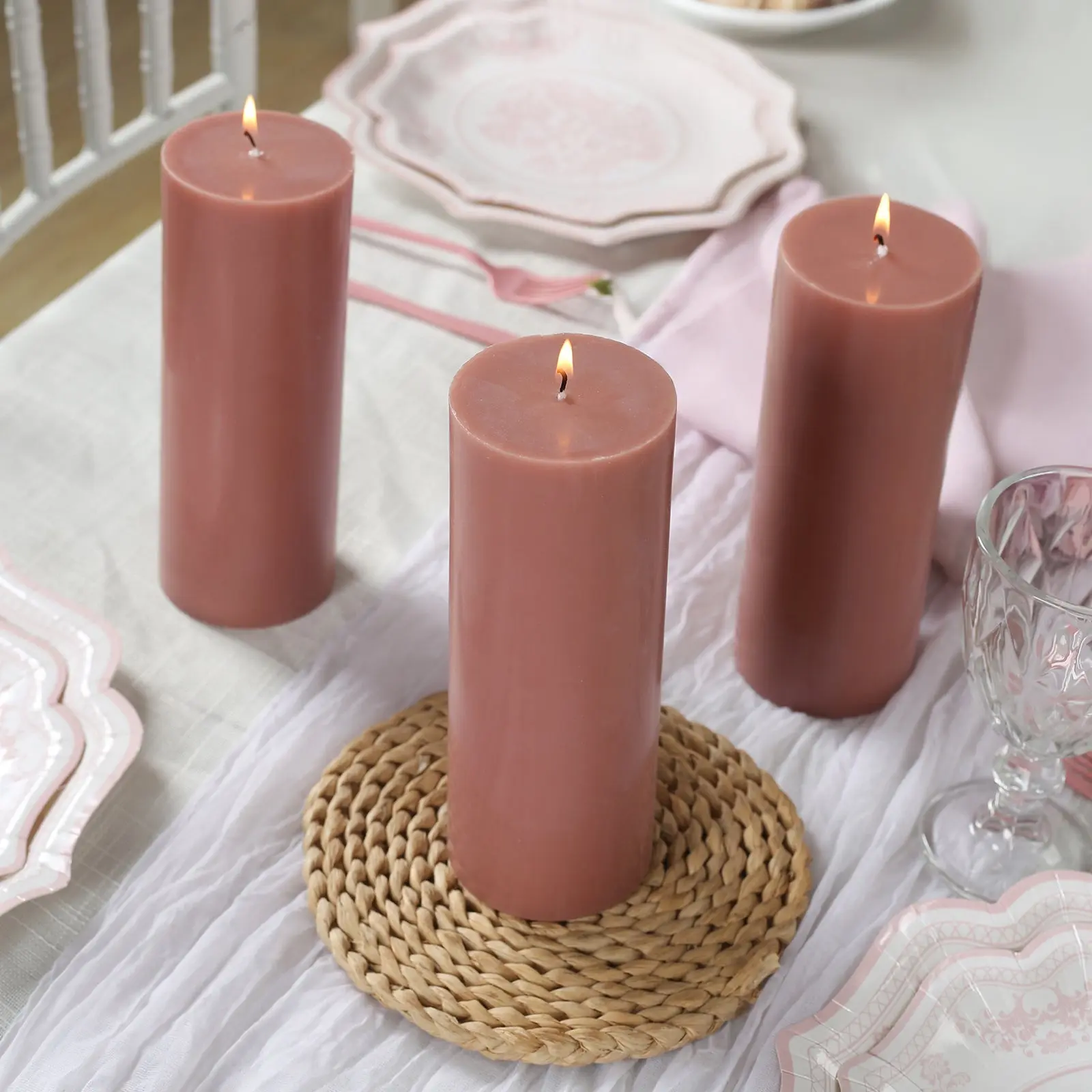 12-Pack 3"x8" Unscented Dripless Pillar Candles - Dusty Rose Long-Burning Cotton Wick Wax Candles for Home, Wedding Decoration & Event Use