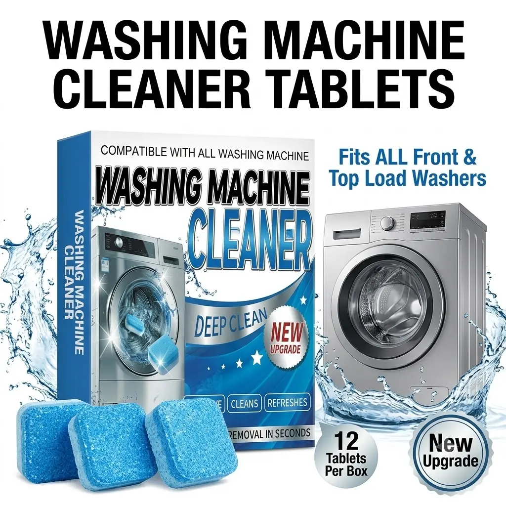 Washing Machine Cleaner Tablets 12 Count, Deep Descaling Deodorizer Effervescent Washer Cleaner Tablets for Front Load, Top Load & Washing Machines, Remove Mold Grime Bad Odor