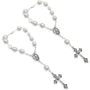 2 PCS Car Rosary for Rearview Mirror, Auto Rosary Religious Car Mirror Hanging Decoration, Personalized Rearview Cross Blessing Beads Decoration, Universal Car Accessories (White)