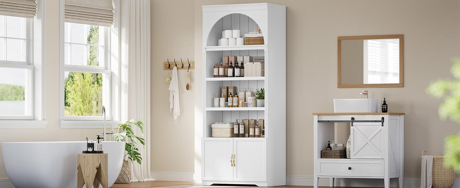 81.2" Tall Arched Cabinet, Bookcase with storage, Modern 6-Tier Bookshelf with Door, 2 Book Risers and Adjustable Shelves for Living Room,Kitchen,Home Office, Space Saving (White)