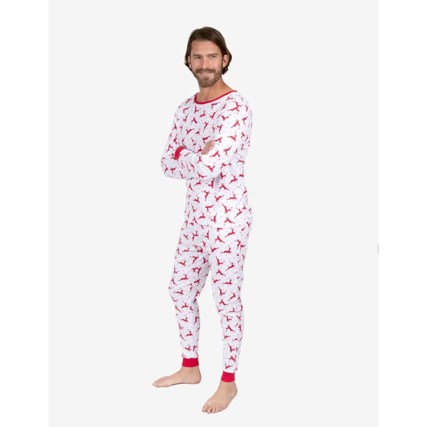 Mens Cotton Red & White Reindeer Pajamas
