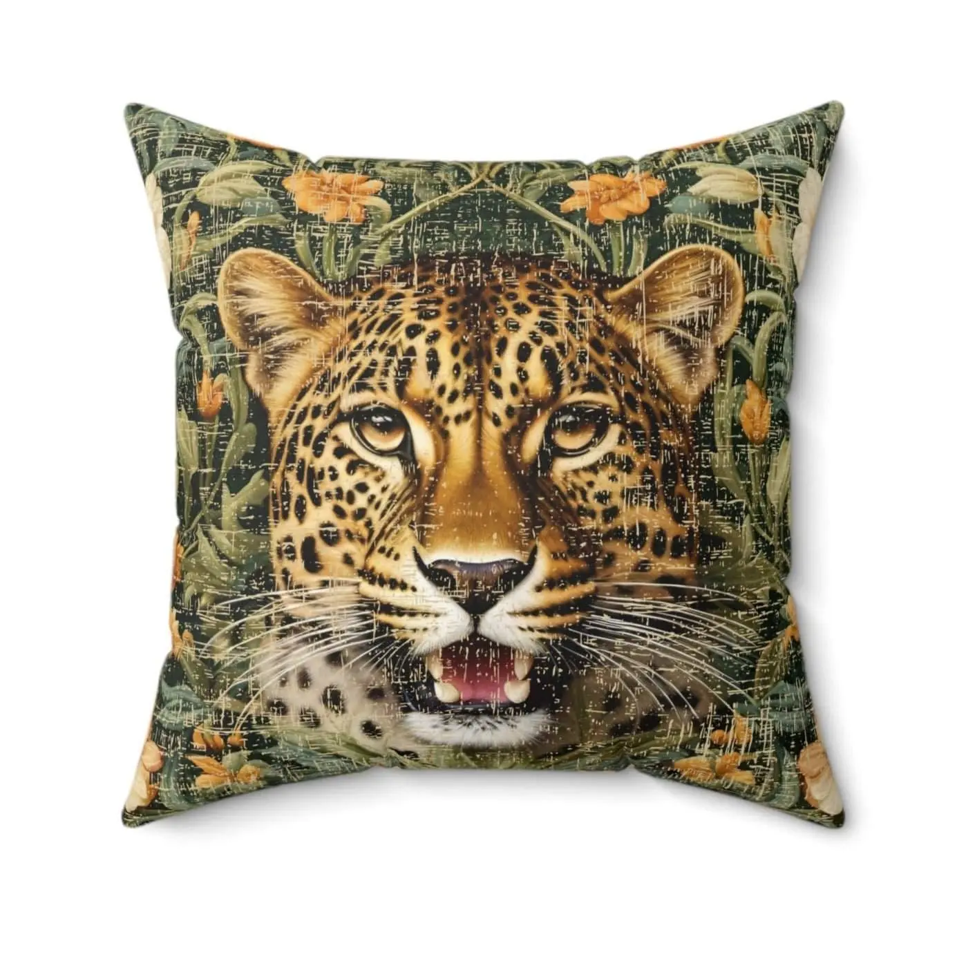 Wild Elegance: Cheetah on Floral Spun Polyester Square Pillow
