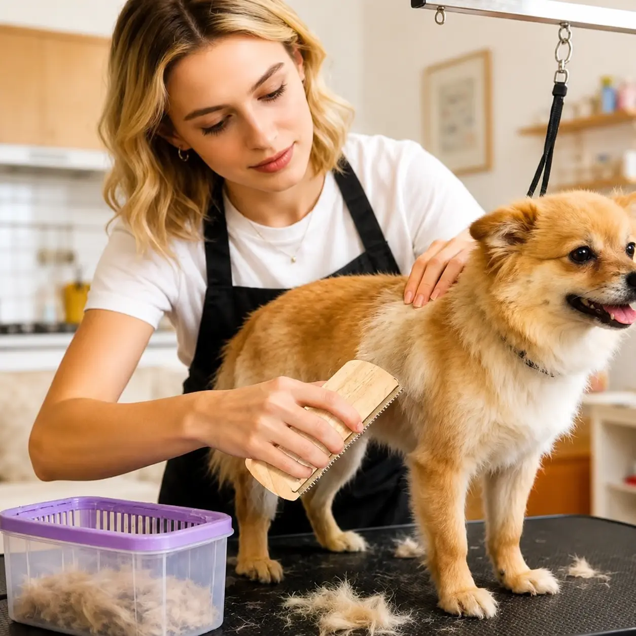 Pet Deshedding Brush for Dogs & Cats, Wooden Handle with Stainless Steel Blade, Grooming Brush for Loose Fur Removal on Short & Long Hair