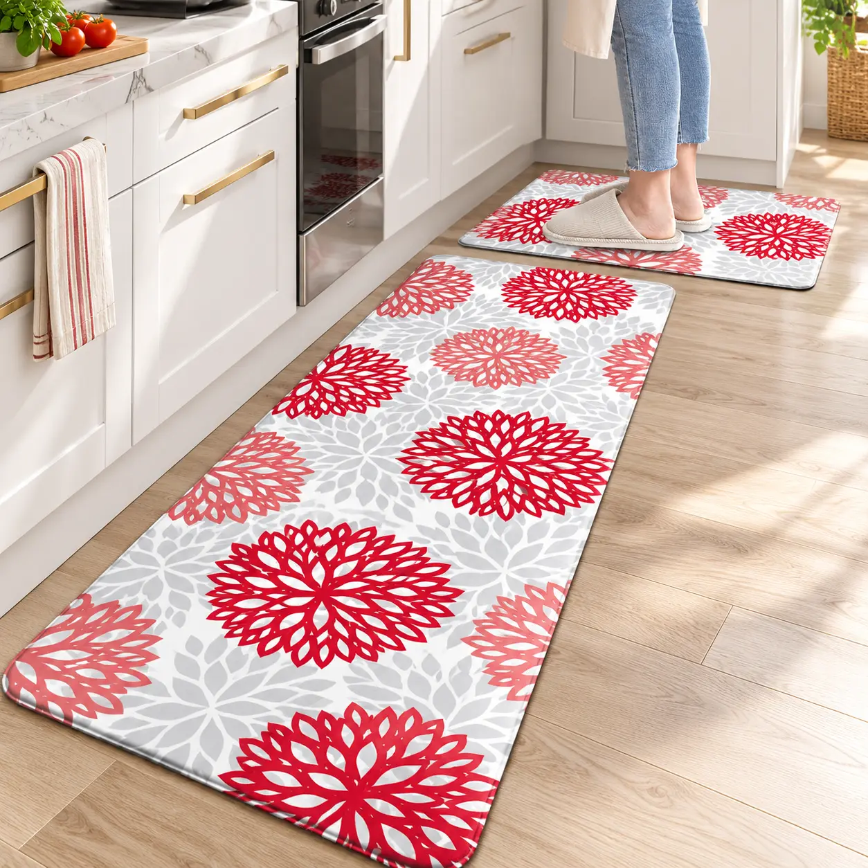 Kitchen Mats Set of 2 Cushioned Anti Fatigue Kitchen Rugs Non Slip Waterproof Kitchen Runner Memory Foam Kitchen Floor Mat Comfort Standing Mat for Sink,Office,Laundry, Red