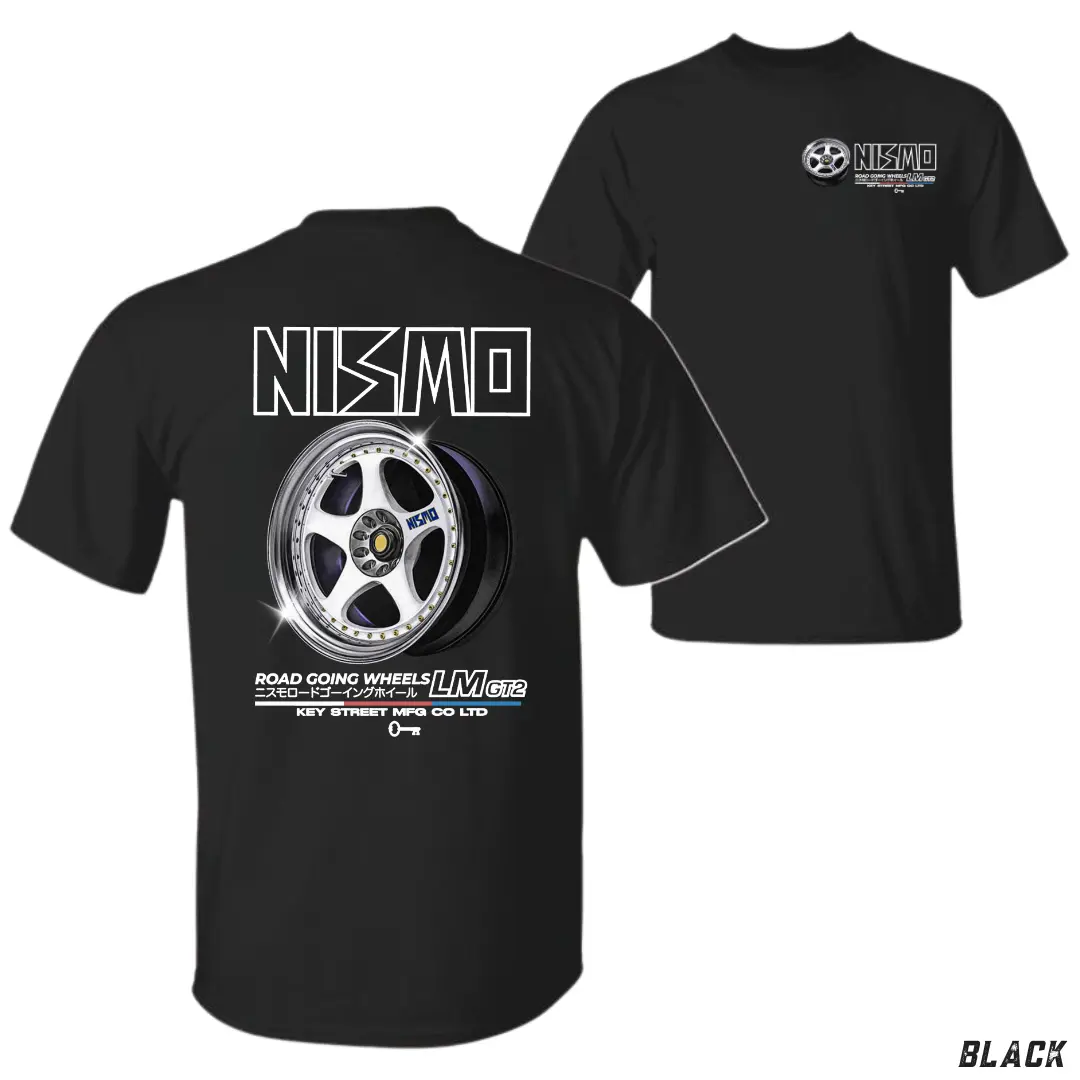 Nismo LM GT2 Short-Sleeve Round Neck Top - Iconic Road Going Wheels & Motorsport Graphic, JDM Car Enthusiast Loose Casual Streetwear Apparel for Men, Women