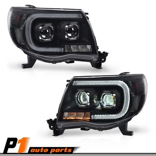 Black Housing LED Tube Dual Projector Headlights Fit For 2005-11 Toyota Tacoma