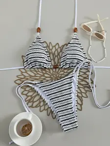 Striped Knitted Bikini Set, Triangle Bikini Top, Boho Vacation Style, Adjustable Side Straps, Wooden Bead Accents, Simple Natural Feel Swimwear, Beach Spa Travel