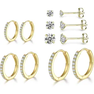 Sterling Silver Hoop Earrings Sterling Silver Stud Earrings for Women 6 Pairs Hypoallergenic Tiny Cubic Zirconia Stud Set Cartilage Hoops