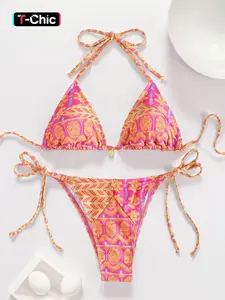 Two-piece Set Women's Sexy All Over Print Halter Neckline Bikini, Sexy Tie Back Halter Triangle Swim Top & Tie Side Swim Bottom for Summer, Bathing Suits, Colorblock Bikini, Padded Bikini Set, Bikinis Sets, Halter Bikini Swimsuit