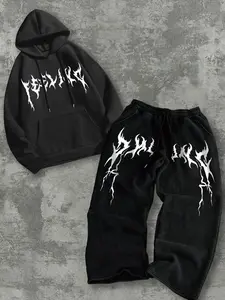 Unisex Gothic Font Set, Hoodie + Pants, Lightning Text Design, Oversized Fit Casual Wear for Campus & Night Out