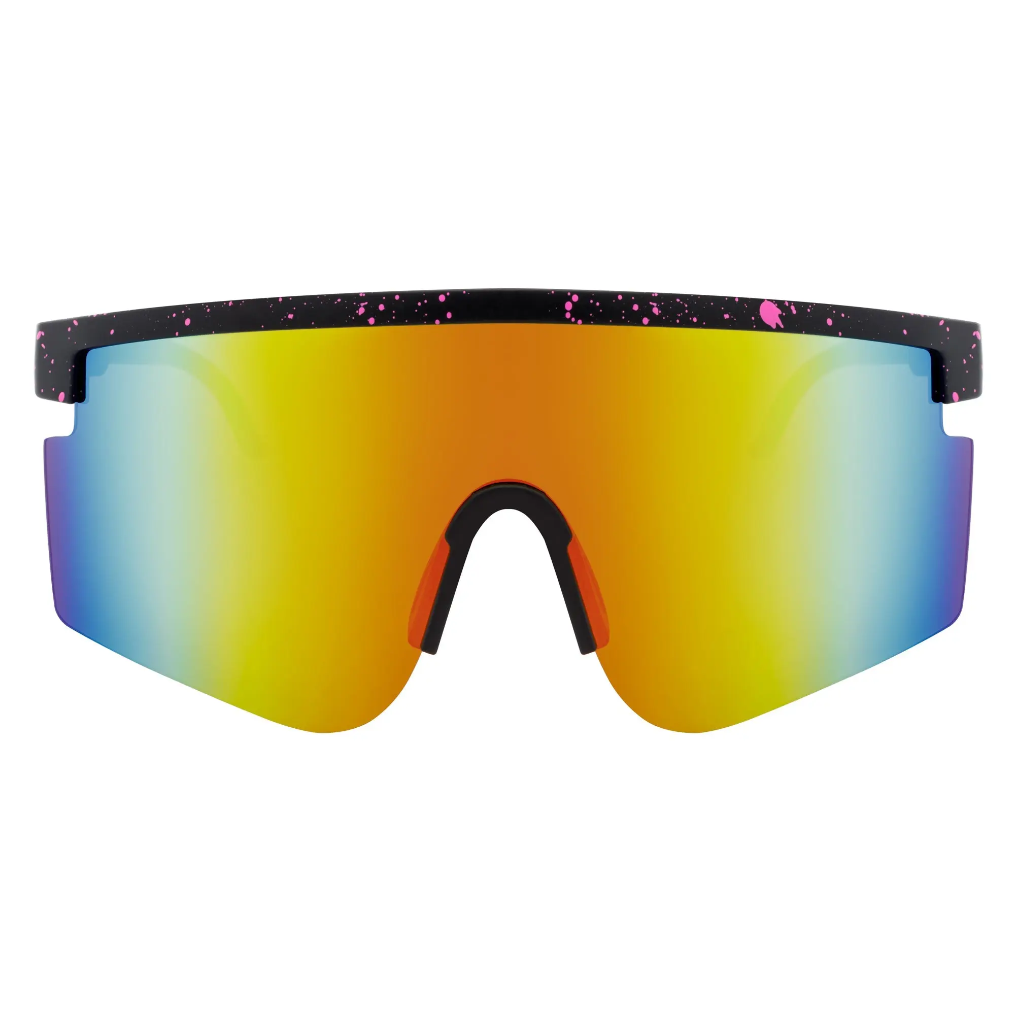 Morspecs Monolith Unisex Oversized Wrap-Around Shield Sunglasses, Black Speckled Polycarbonate Frame with Pink-Orange Mirrored Lens & UV400 Protection, Mirrored Goggles, Medium-Large Head Width, Oversized Shield, Face, Pinned Hinges