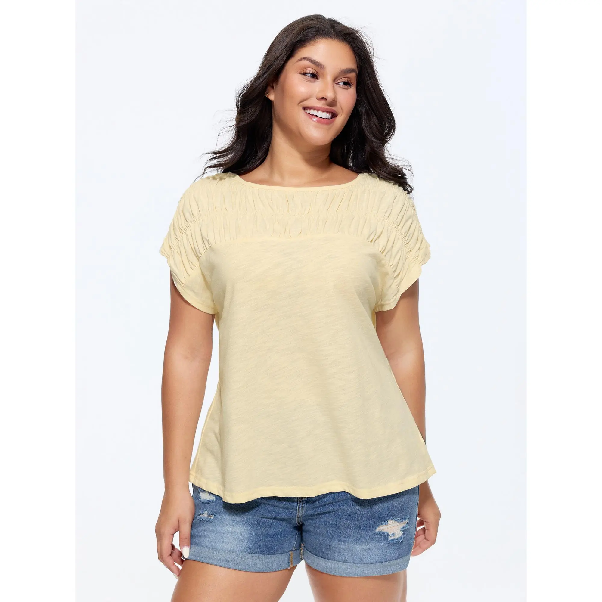 BloomChic Plus Size Casual Dolman Sleeve Top, Breathable Solid Cotton Blend Knit with Smocked Back, Garment, Drape, Shortsleeve, Fit, Lightweight, Everyday, Fabric, Tshirt, Style, Blouse, Basic
