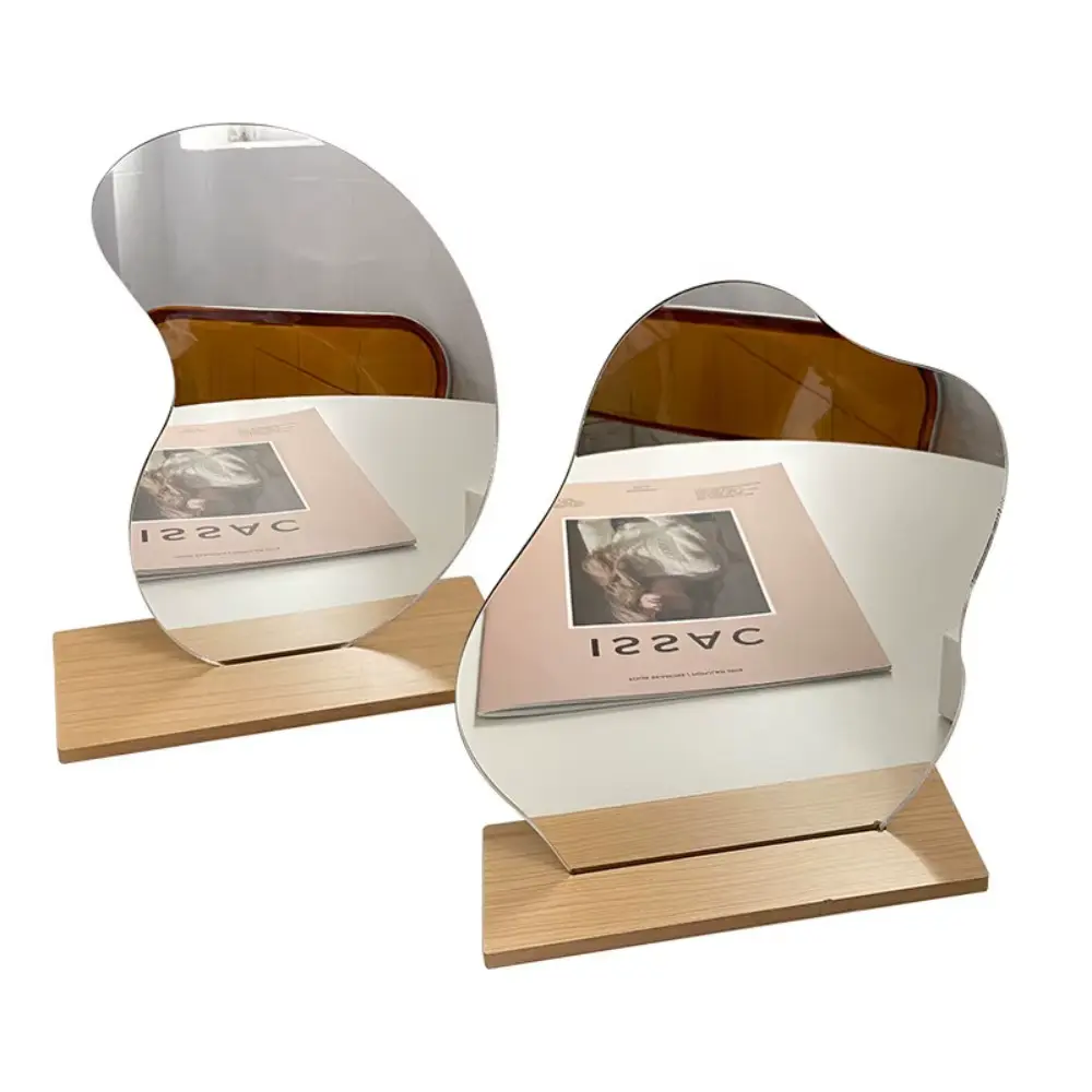 Vanity Mirror with Wooden Stand Cloud Shape Frameless Decorative Mirror Acrylic Makeup Mirror for Living Room Bedroom