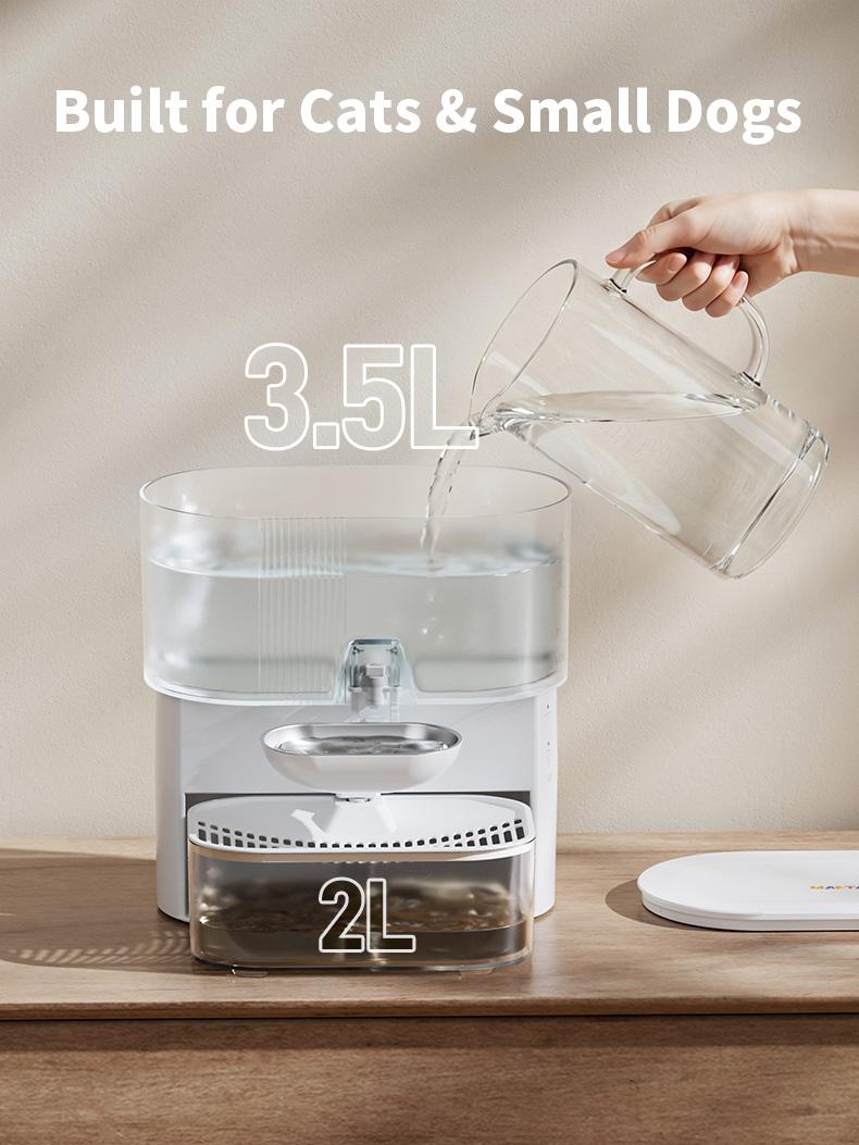 Wireless cat water fountain without filter cartridge, waste water separation function, MAKTART stainless steel bowl, 3000 mAh battery, 3.5 L water dispenser for cats and dogs, white