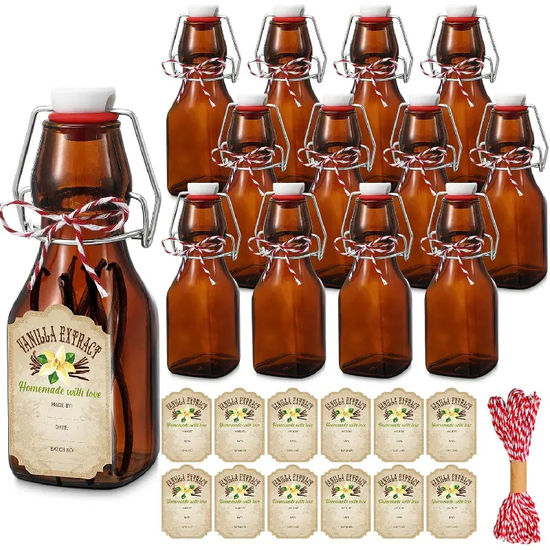 12 Pack Square Amber Glass Bottles, 4 oz with Swing Top Leakproof Lids for Homemade Vanilla Extract, Beer & Kombucha - Household Gift Set with Labels