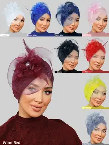 Elegant Vintage Mesh Flower Feather Headscarf Cap Turban Hat, Perfect for Parties Weddings Retro Theme Events, Stylish Accessory for Special Occasions