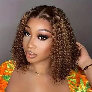 Ombre Highlight Deep Wave Curly BOB Lace Front Wigs For Black Women Human Hair Pre Plucked Wear And Go Glueless 12 Inch Honey Blonde 4/27 13x4 HD Lace Frontal Short Curly BOB Wigs
