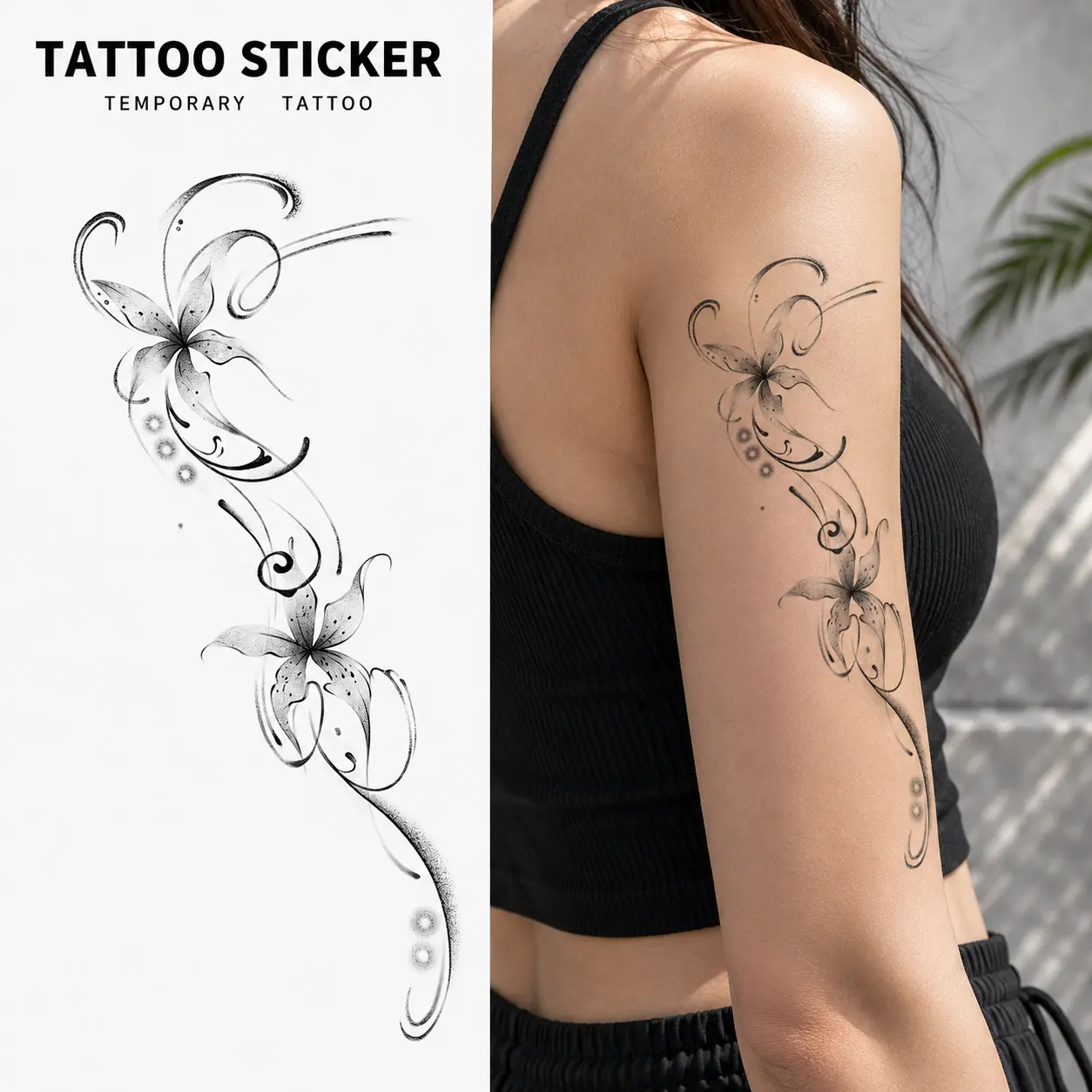 Realistic Durable Temporary Fake Tattoos Buy 1 Get 1 Free, Black Ink Spider Lily Vine Tattoo Stickers, Elegant Arm Body Art Replacement for Henna Tattoo Kit