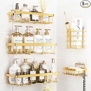 5-Piece Pink Eco-Friendly Stainless Steel Hollow Bathroom Decor Set, Wall-Mounted Round No-Drill Quick-Install Rustproof Waterproof Stick-On Organizer with Toothbrush Soap Holder, Large-Capacity Space-Saving Shower Home Accessory,summervibes outdoorfun