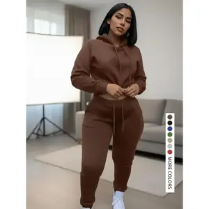 Women’s casual solid-color drawstring sportswear set, fitted regular length, medium-weight fabric, autumn/winter apparel