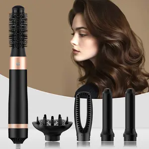 Affordable 5-in-1 straightener Hot Air Brush dryer , Interchangeable Heads for All Hair Types,Dry, Curl, Straighten, Volumize & Smooth, Ideal for Travel, Events, Daily Styling & Gifts,Black & Gold hair curler curling iron styler Lightweight Handle