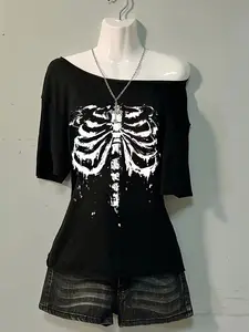 Y2K Style Casual Minimalist Gothic Punk Graphic Print Drop Shoulder T-Shirt for Summer, Off-Shoulder Top, Cool Essential for Back to