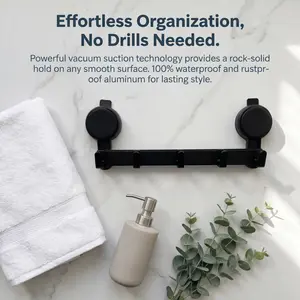 No Drill 5-Hook Matte Black Suction Cup Wall Rack - Damage-Free Renter Friendly Heavy Duty Organizer for Entryway, Bathroom, Kitchen